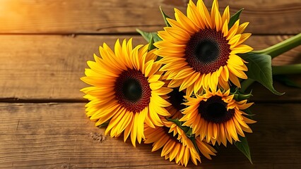 Golden-toned sunflower arrangement on rustic wood, radiating warmth and rustic charm.