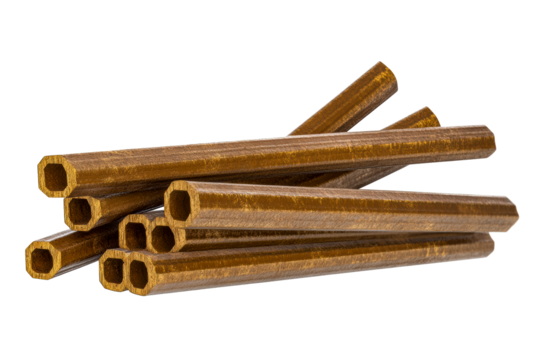 Cluster of hollow metal extrusions with textured golden finish on white, cut out transparent