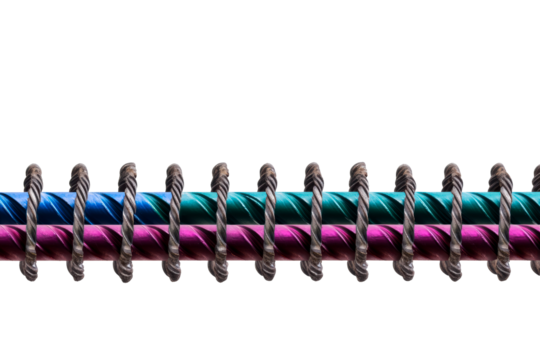 Twisted metal rebar with bright colored tubular segments, cut out transparent