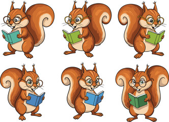 Cute squirrel cartoon wearing glasses, reading colorful books, adorable animal clipart set, education, knowledge, study, learning, smart rodent