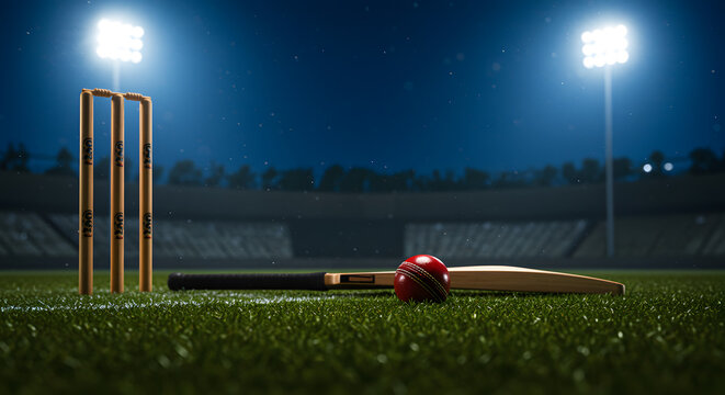 Cricket Equipment on Field Under Stadium Lights at Night