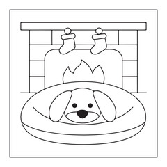 Cute dog sleeping in a dog bed in front of a fireplace with stockings hanging above puppy animal
