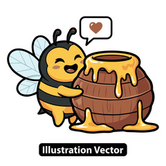 Adorable cartoon bee happily embracing a rustic wooden barrel overflowing with golden sweet honey, showing affection and sweetness