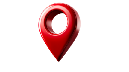 Shiny red 3D map pin icon with a glossy finish isolated on white, cut out transparent
