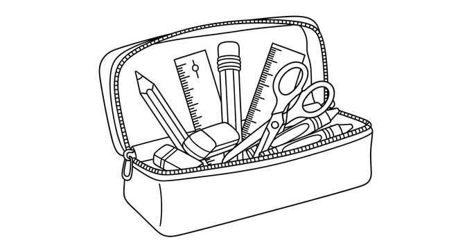 black and white school supplies in pencil case clip art preview