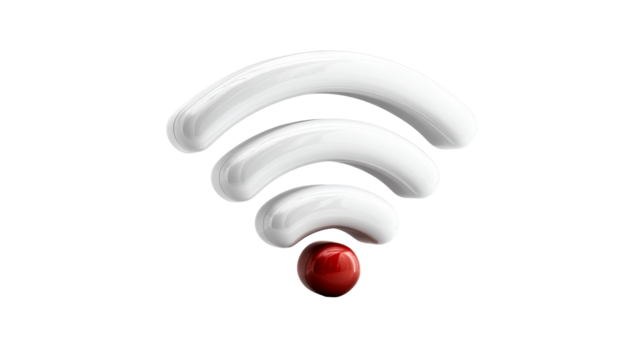 Glossy White Wi-Fi Signal with Red Sphere on White, cut out transparent