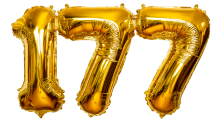Golden number 177 foil balloons celebrating milestone achievement, cut out transparent