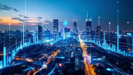 Futuristic digital cityscapes with data and information flow, showing financial technology - Powered by Adobe