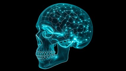 Obraz premium Bioluminescent neural networks pulsing inside a translucent human skull in darkness.