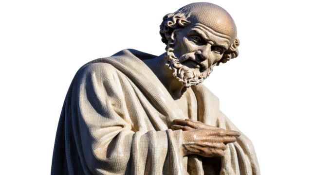 Ancient wise man with beard and robe depicted in mosaic style, cut out transparent