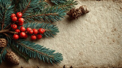 Christmas Season's Whisper: Evergreen sprigs and vibrant red berries nestle on a vintage parchment backdrop, creating a sense of nostalgia and warmth Generative Ai