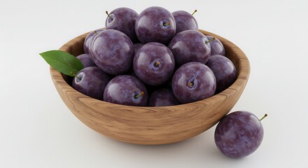 Fototapeta premium Fresh Purple Plums in a Natural Wooden Bowl on a Clean White Background