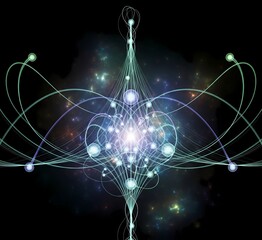 Futuristic abstract art of universal connections, ethereal lines converging into infinite nodes, balanced composition of glowing points and flowing streams, designed to bring serenity 