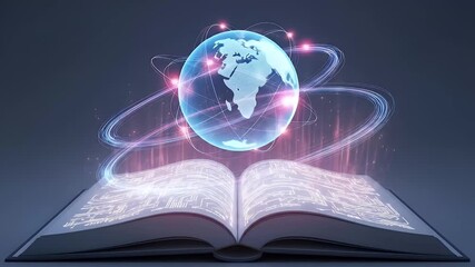 An open book with a holographic globe rotating above, symbolizing global education and knowledge - Powered by Adobe