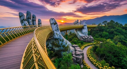 Golden Bridge in Ba Na Hills, Da Nang, Vietnam at Sunset | Scenic Landmark and Tourist Attraction for Travel and Adventure Marketing
