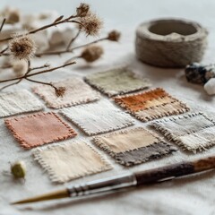 Textile artistry with stitched cotton swatches in soft earth tones