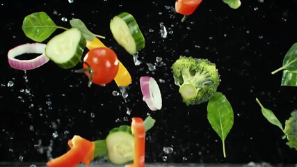 Vibrant Vegetables Suspended in Mid Air with Splashing Water in Slow Motion a Dynamic High Angle Studio Shot Showcasing Fresh Broccoli Cucumbers Tomatoes and Peppers Against a Black Background - Powered by Adobe