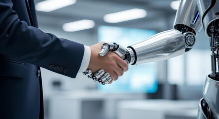 Man in a formal suit shakes hands with a sophisticated AI robot arm in a modern office