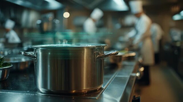 Focused medium shot of a sleek stockpot sensor sending realtime Brix level updates with outoffocus chefs and kitchen equipment creating a dynamic culinary environment.