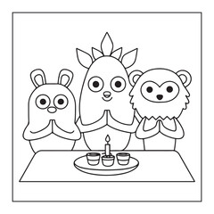 Three cute animals praying at a table with a candle and diyas for Diwali coloring cartoon