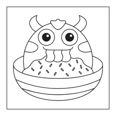 Funny cartoon monster in a bowl of food for coloring creature fantasy