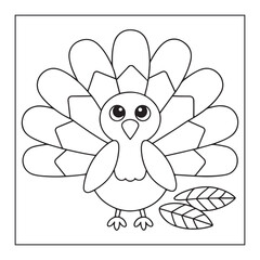 Cute cartoon turkey with fanned tail feathers and autumn leaves for coloring animal bird