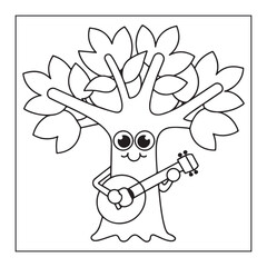 Whimsical cartoon tree character playing a banjo with leaves, coloring page illustration
