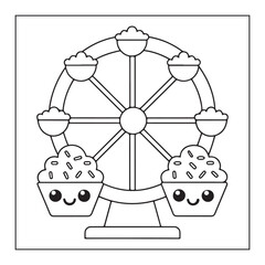 Whimsical cartoon Ferris wheel with cupcakes in gondolas coloring page amusement park carnival