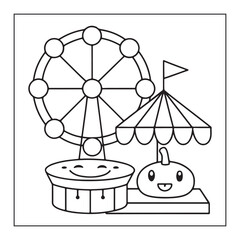 Cute cartoon Ferris wheel and pumpkin ride at an amusement park coloring page carnival