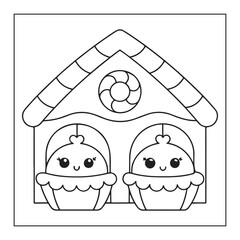 Two Cute Cartoon Cupcakes Inside a Gingerbread House with a Candy Window vector illustration