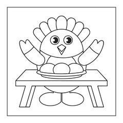 Cute Cartoon Turkey Sitting At A Table With A Plate Of Eggs For Coloring Book Page bird animal