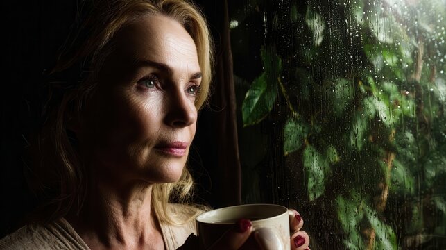 A mature woman gazes thoughtfully out a window on a rainy day, holding a mug, enveloped in a contemplative mood.
