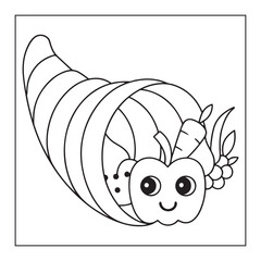 Cute cartoon cornucopia filled with fruits and vegetables for coloring horn of plenty thanksgiving