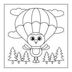 Cute cartoon bird with parachute descending over stylized pine trees and clouds line art skydiving