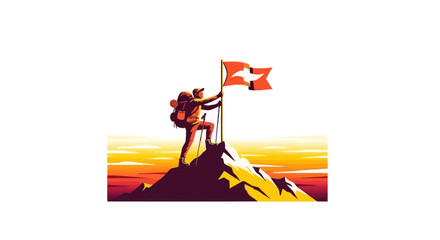 Achiever Planting A Flag On Mountain Peak, Celebrating Goal Achievement And Success