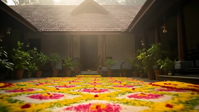 Happy onam festivals vibrant floral pookalam decorates a traditional courtyard an emblem of joyous celebration and culture