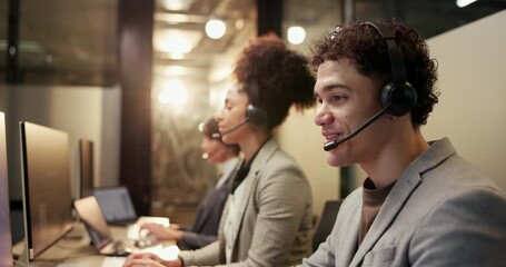 Call center, night and business people on computer in office for insurance claim, help or contact. Team, working late and workers with headset for customer service, financial advice or online support