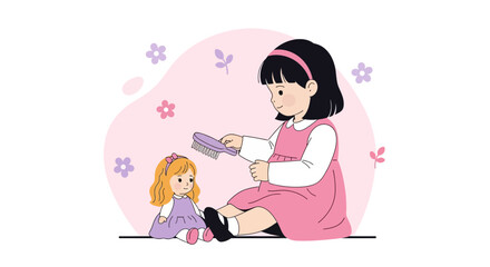 Adorable Little Girl Playing With Doll, Combing Its Hair, Artistic Fun, And Sweet Moments