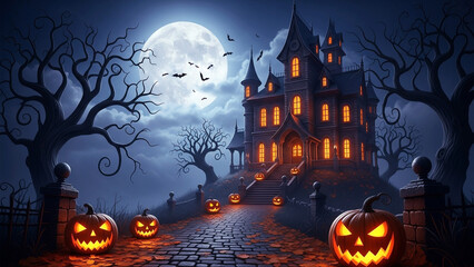 Spooky Gothic House with Bats under Full Moon at Night