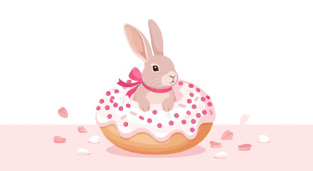Adorable Artwork Featuring a Cute Bunny in a Sweet Donut with Pastel Colors