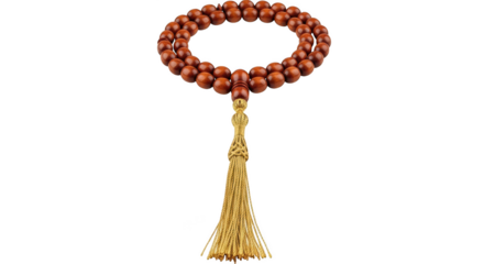 Brown wooden prayer beads with golden tassel isolated on white isolated on transparent background