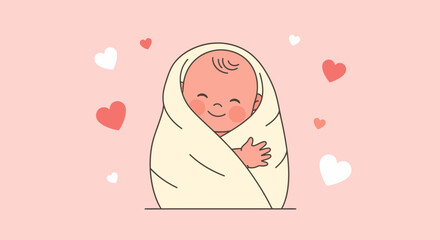 Adorable newborn baby swaddled in a blanket, surrounded by hearts on a pink background