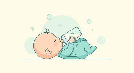 Adorable Baby Drinking Milk from a Bottle, Minimalist Illustration Style