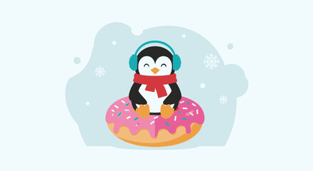 Adorable Penguin Enjoying a Big Donut While Wearing Winter Gear Cartoon Illustration