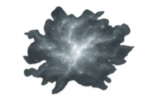 Galaxy expanding and shining with its bright core, surrounded by dark nebula, with transparent background