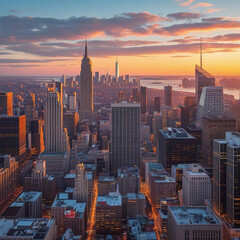 Fototapeta premium Metropolitan towers highlighted by warm sunset glow over the city