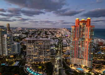 Miami Beach skyline. Miami from above. South Pointe beach with skyscrapers. Miami skyline and ocean. South Florida. South Beach.