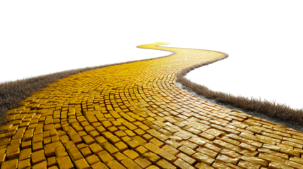Yellow brick pathway winding through dry grass on white, cut out transparent