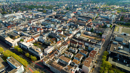 Aerial view around the old town of the city Darmstadt, Germany on a sunny spring morning