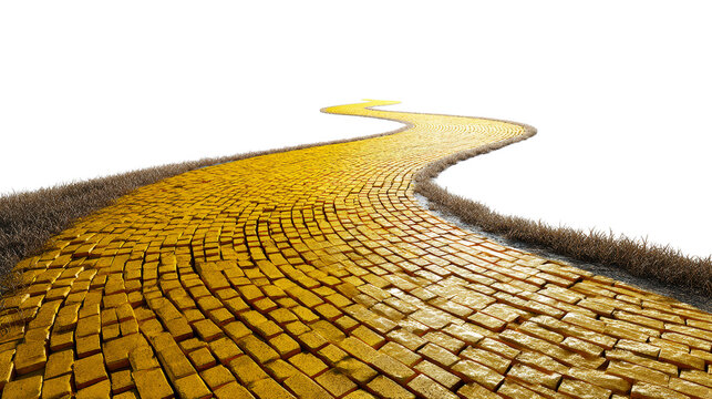 Yellow brick pathway winding through dry grass on white, cut out transparent